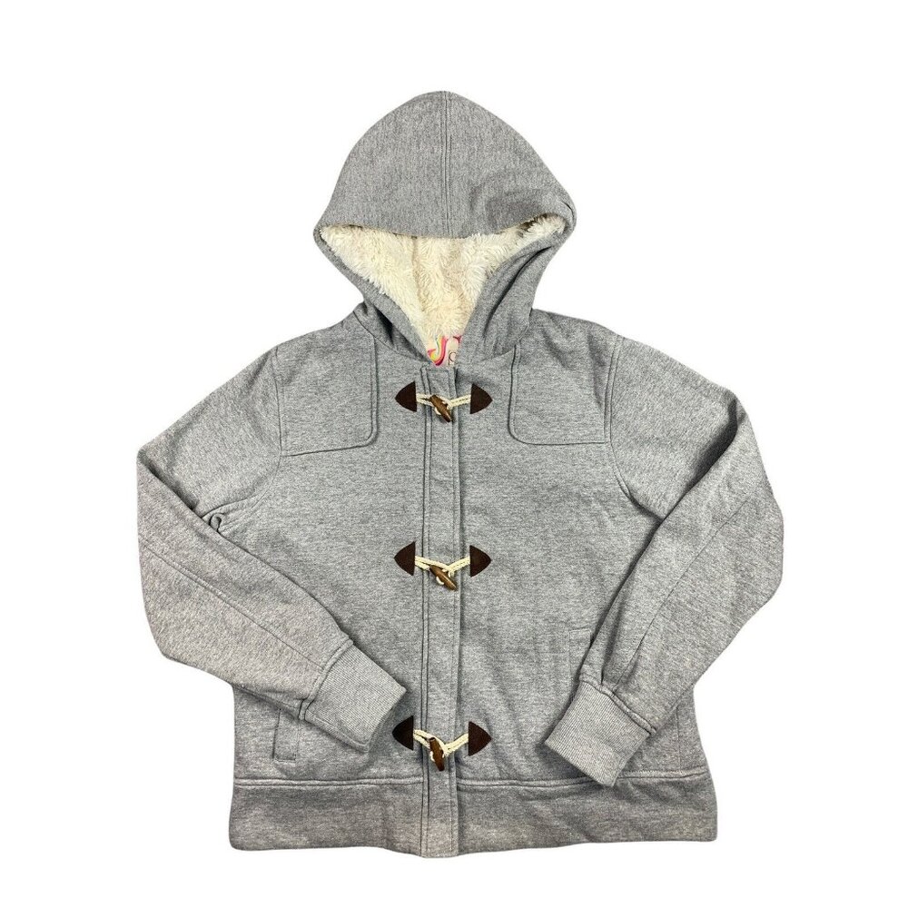 OP XL Hooded Sweatshirt Jacket Faux Fur Gray Full Zip Hooks Womens Long Sleeve‎